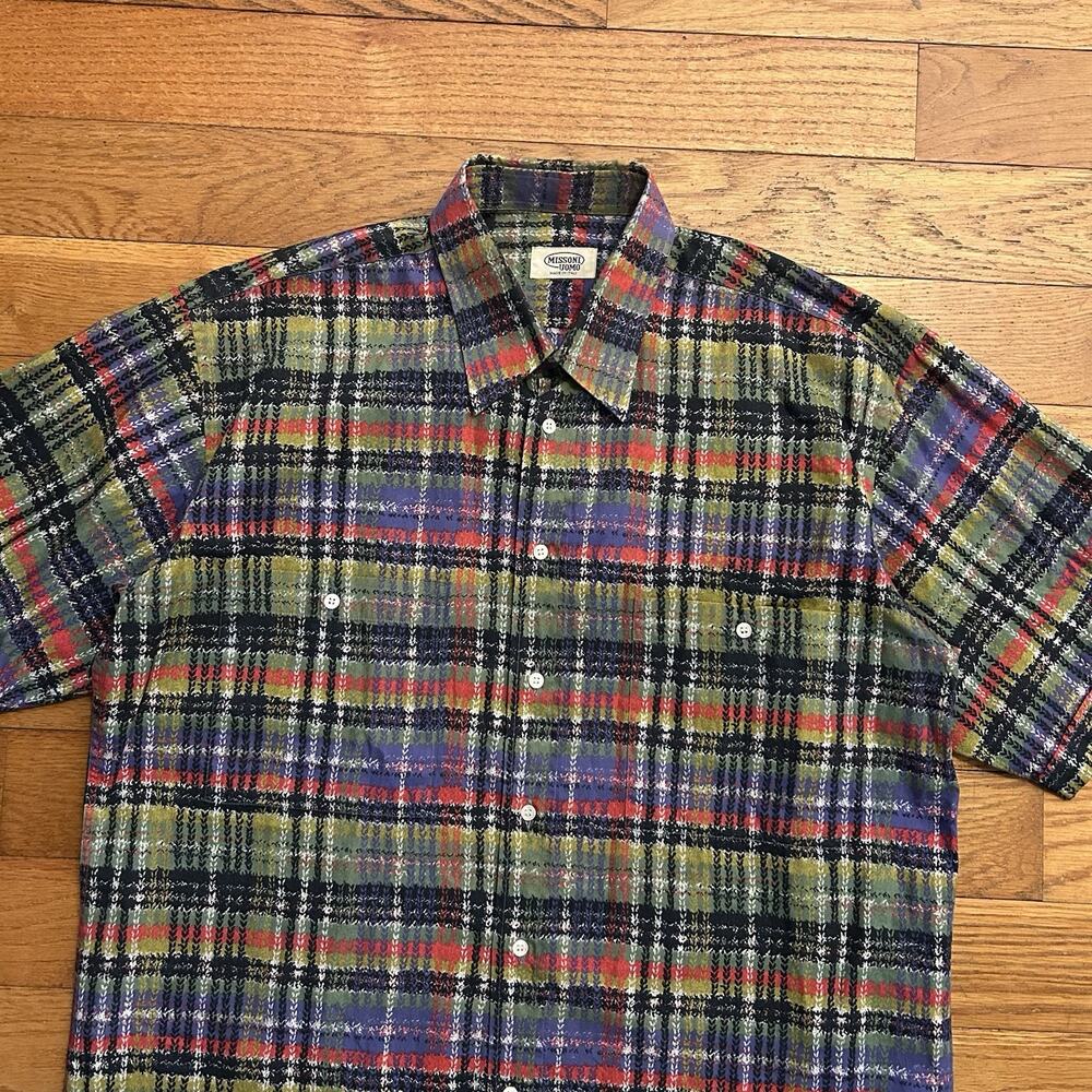 Vintage Missoni Uomo Plaid Rainbow Short Sleeve Button Up Shirt 43 17